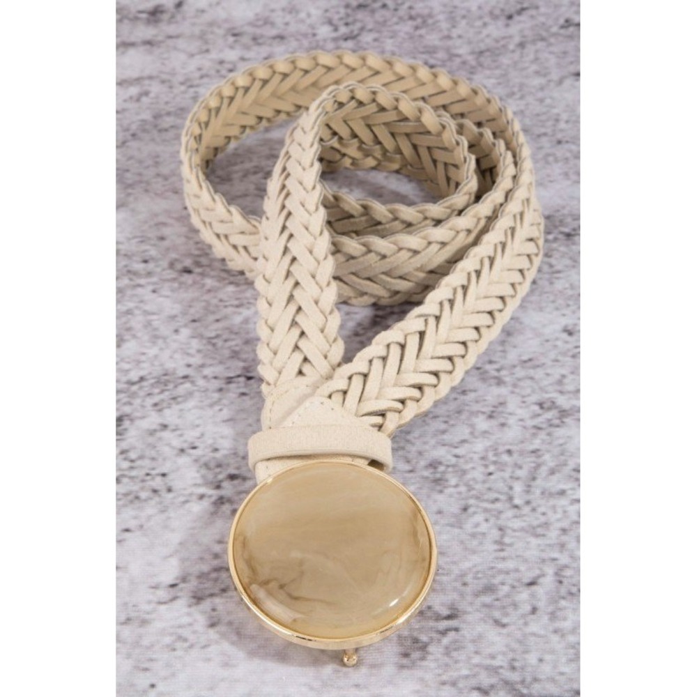 NEW Womens Ivory Braided Woven Belt with Resin Round Buckle - Picture 2 of 4